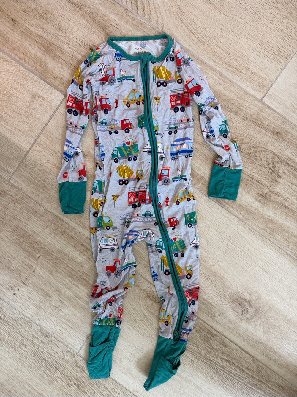 Little Sleepies Teal-Trim Gray Community Helpers Vehicle Print Footed One-Piece